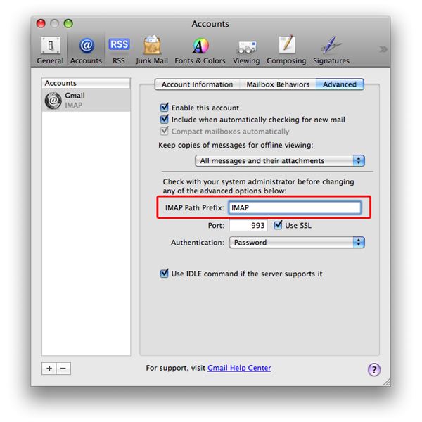 gmail imap account settings for mac